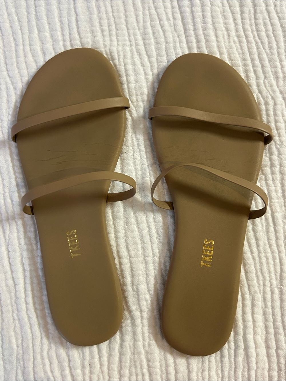 TKEES Double-Strap Slide Sandals in Taupe Brown